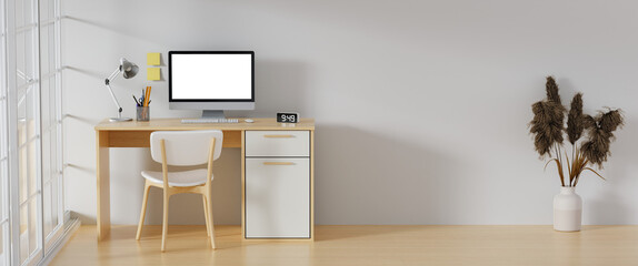3D render of interior modern living room workspace with desk and desktop computer. Home office is a safe place to work.