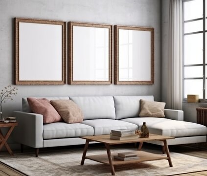Frame mockup within a cozy farmhouse living room interior, 3D render. Created with Generative AI technology