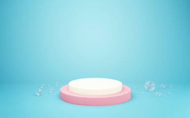 White and pink minimal podium with blue scene background, mock up, geometry shape platform for product display, modern stage. 3D render illustration.