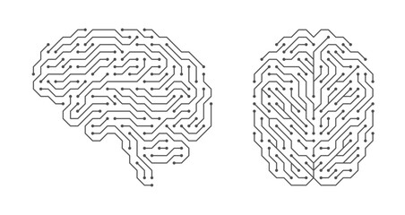 Digital brain side top view artificial intelligence with board circuit black line set vector