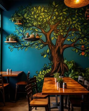 Green Caffe Interior Design HQ Illustration. Generative Ai