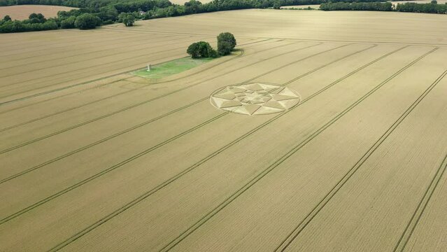 Aerial view orbiting golden wheat farmland Micheldever 2023 star shaped crop circle pattern in Hampshire