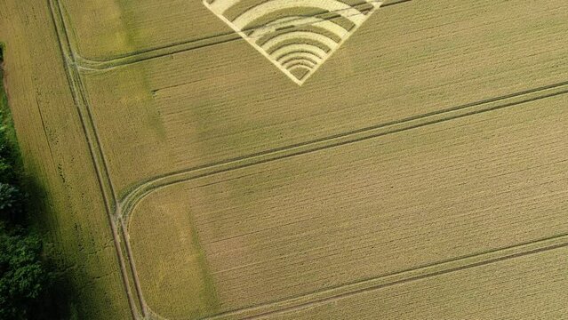 Micheldever, Hampshire crop circle aerial view looking down over mysterious geometric wheat field artwork, England 2023