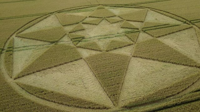 Micheldever crop circle star formation 2023 aerial view orbiting low to Hampshire wheat field artwork