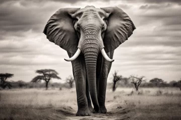 Fototapete Elefant black and white image of an elephant walking on the road