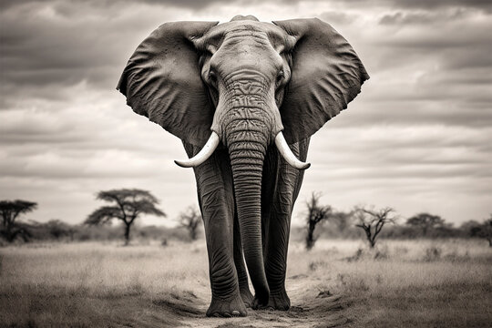black and white image of an elephant walking on the road