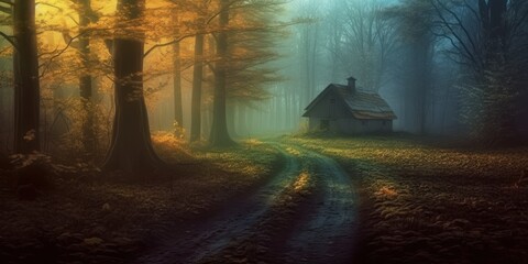 Abandoned house in the autumn forest in the rays of dawn near the road. AI generation 