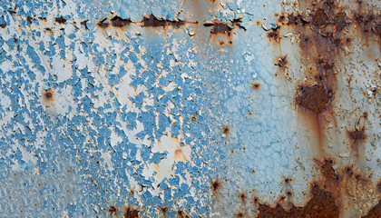 Rusty metal surface with blue and white cracked paint