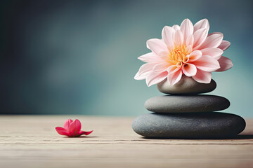 Fototapeta na wymiar Stack of black zen stones with pink dahlia flower