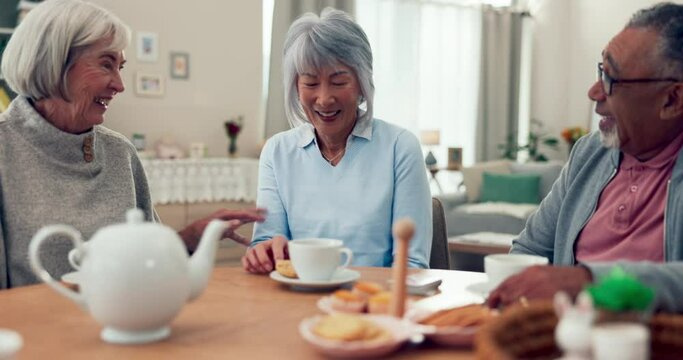 Friends, senior people and drinking tea and laughing at table in a retirement home. Elderly women and a man with coffee, conversation and cookies for bonding, funny quality time and relax together