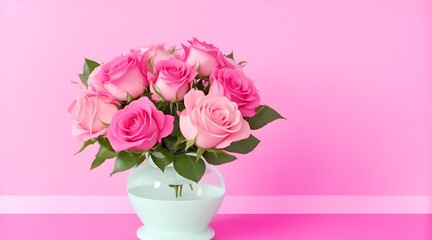 Pink roses in a vase on a pink background