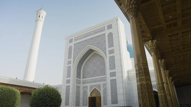 Minor Mosque In Tashkent, Uzbekistan - Modern Mosque With Towering Minaret And Turquoise Dome. dolly-in, low angle