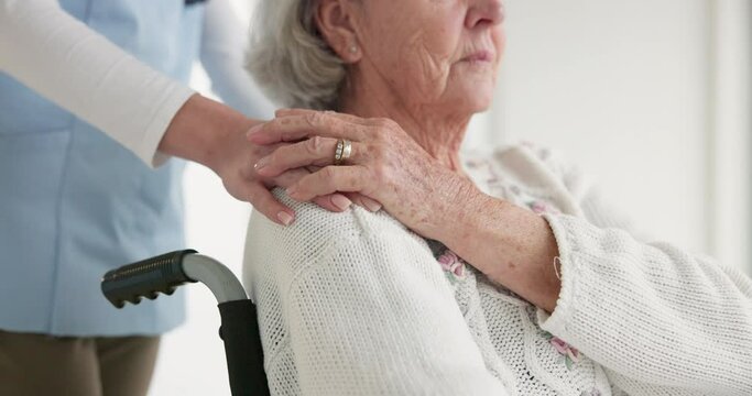 Nurse, senior woman and wheelchair for holding hands, care or support for rehabilitation in clinic. Medic, elderly person with disability or mobility for empathy, kindness or solidarity in retirement