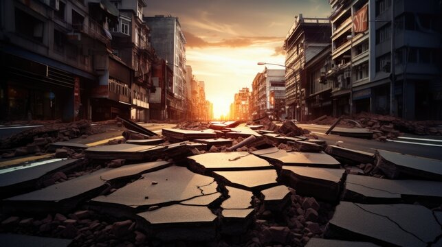 city street cracked and damaged after an earthquake generative ai