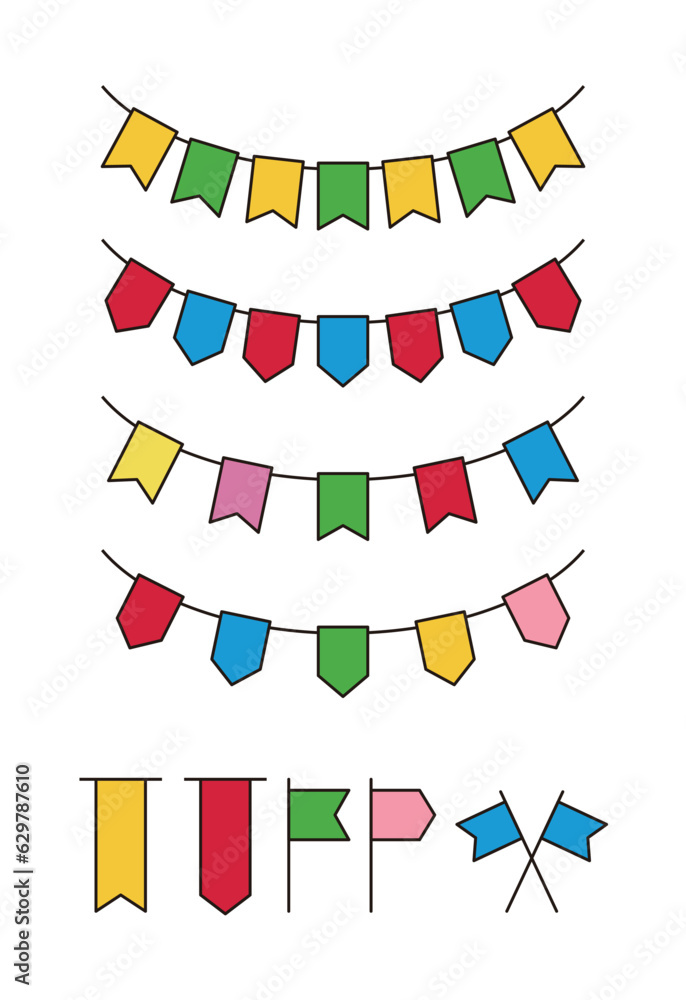 Poster a set of ribbons, flags, label borders and icon illustrations in a colorful, simple and flat style w