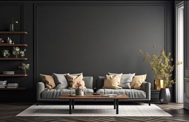 Home Interior, showcasing a modern dark living room with a black empty wall mockup. Created with Generative AI technology
