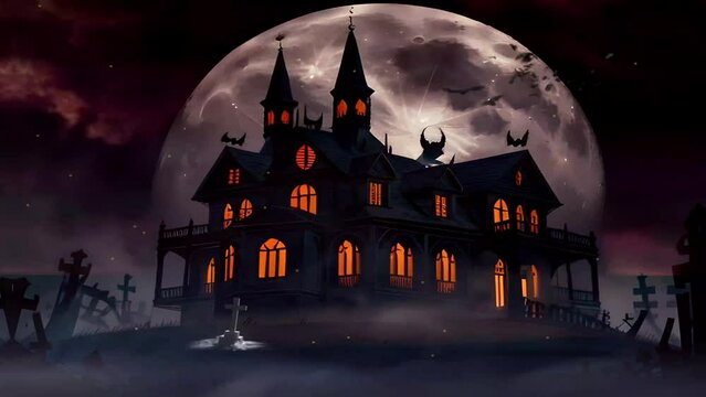 Scary Halloween Castle, ghosts and bats surround an old building with a moonlit grave. Seamless looping video animation virtual background.