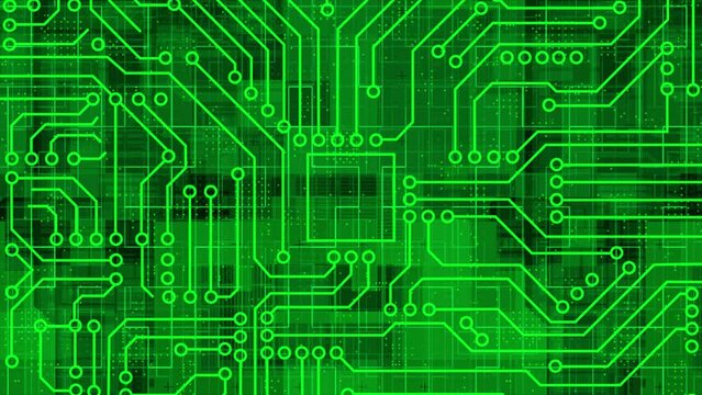 Green Computer chip with connections and signals. AI Computer processor background. Mother board circuit pattern background