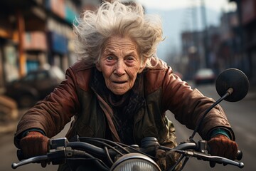 Fototapeta na wymiar An elderly woman with a fun expression Face the city traffic on her bike.
