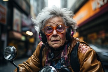 Obraz premium An elderly woman with a fun expression Face the city traffic on her bike.