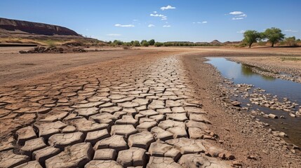 Fototapeta premium dried-up riverbed, symbolizing the impact of prolonged drought generative ai