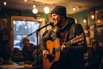 Obraz premium Singer-Songwriter Performing At A Coffee Shop, Generative AI 