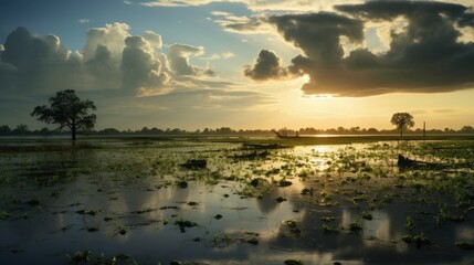 Obraz premium flooded farmland, illustrating the impact of heavy rainfall on agriculture generative ai