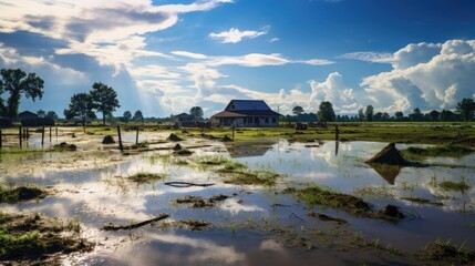 Fototapeta premium flooded farmland, illustrating the impact of heavy rainfall on agriculture generative ai