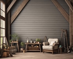 Home mockup set in a charming barn interior, 3D render. Created with Generative AI technology