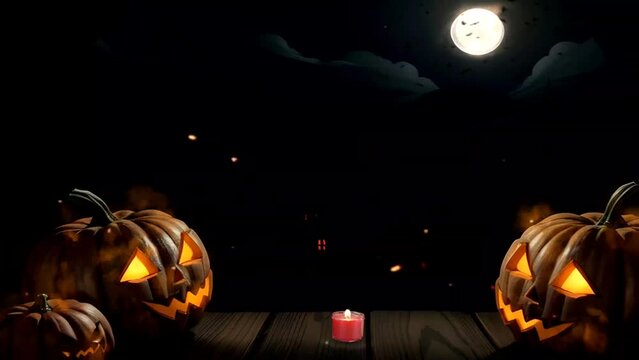 Halloween night and scary pumpkins with flying bats in the night sky. Halloween night concept. Seamless looping video animated virtual background.