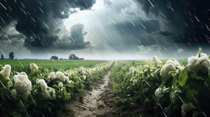 hailstorm damaging crops in a field, symbolizing the unpredictability and destructive power of weather generative ai