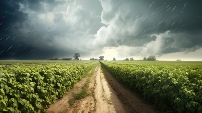 hailstorm damaging crops in a field, symbolizing the unpredictability and destructive power of weather generative ai