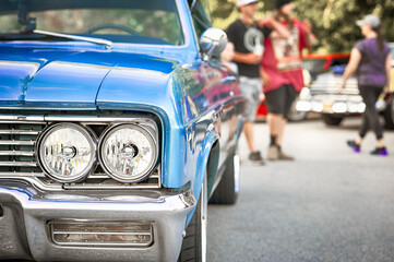 Fototapeta premium Classic cars on display at vintage automotive exhibition. 