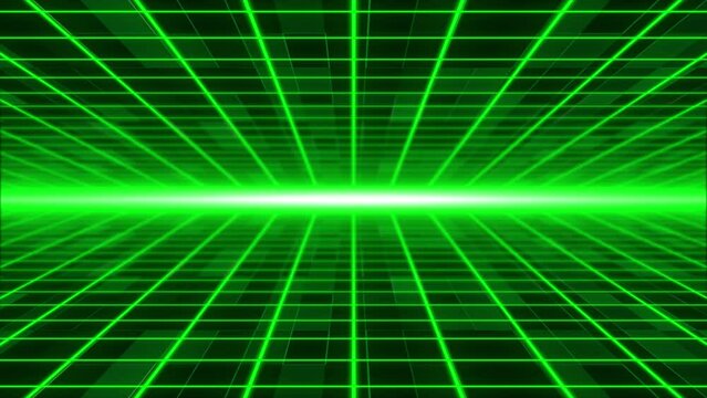 Moving Abstract sci-fi grid with flickering optical flare on the background Bright glowing neon lights