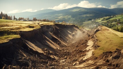 landslide in a mountainous region, illustrating the dangers of soil erosion and instability generative ai