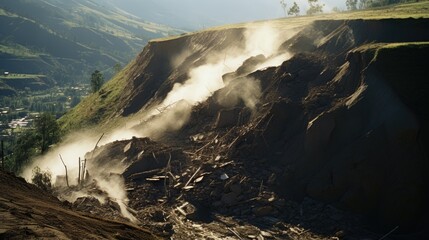 landslide in a mountainous region, illustrating the dangers of soil erosion and instability generative ai