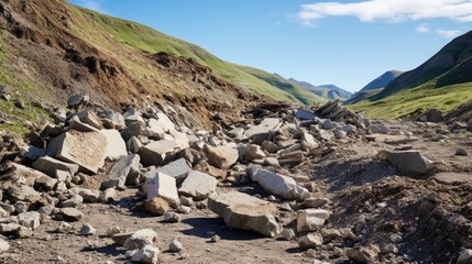 landslide in progress, with rocks and dirt tumbling down a hillside, representing the danger of soil erosion and instability generative ai