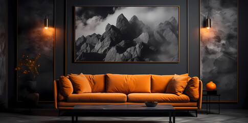 Dark Landscape Elegance: Sofa in Soft Orange with Metal Frame