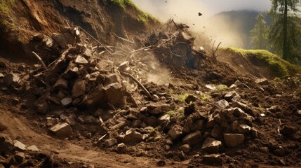 landslide in progress, with rocks and dirt tumbling down a hillside, representing the danger of soil erosion and instability generative ai