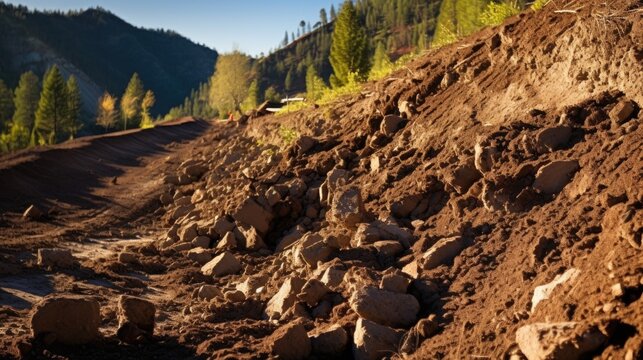 landslide in progress, with rocks and dirt tumbling down a hillside, representing the danger of soil erosion and instability generative ai