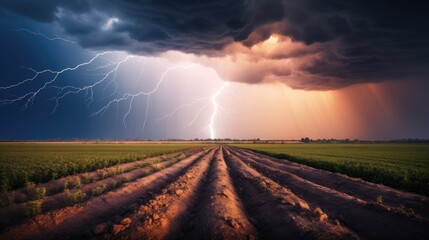 lightning strike in a field, representing the sudden and unpredictable nature of thunderstorms. generative ai