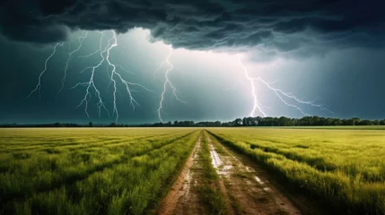 Fotobehang lightning strike in a field, representing the sudden and unpredictable nature of thunderstorms. generative ai © ThisDesign