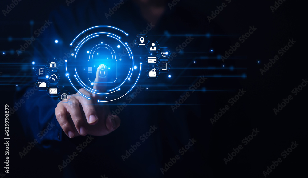 Poster businessman touching padlock icon on virtual display internet network cyber security concept