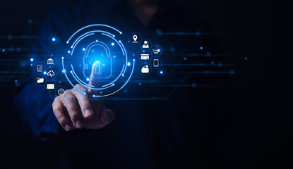 Businessman touching padlock icon on virtual display internet network cyber security concept	
