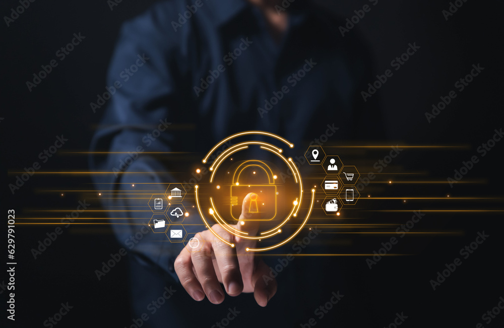 Poster businessman touching padlock icon on virtual display internet network cyber security concept