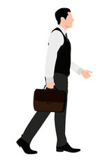 Office executive walking and holding briefcase. Man in suit carrying suitcase. CEO lifestyle. Career path. Businessman sign. Business icon concept. Male worker character illustration. 