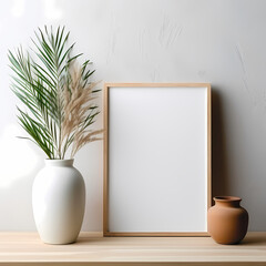White Elegance: Minimalist Frame and Palm Tree on Table Mockup