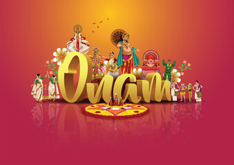 south Indian Kerala festival happy onam greetings background. editable vector illustration design - obrazy, fototapety, plakaty