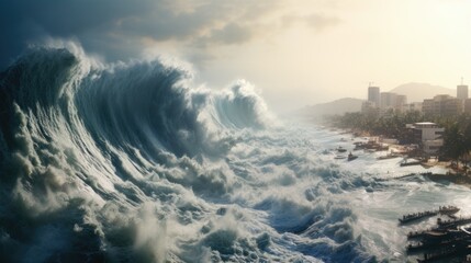 massive wave crashing onto the shore during a tsunami, illustrating the devastating impact of natural disasters generative ai