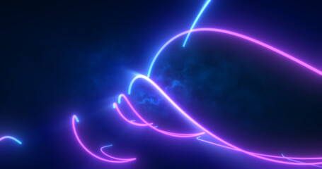 Abstract blue and purple glowing neon energy laser lines flying on a black background